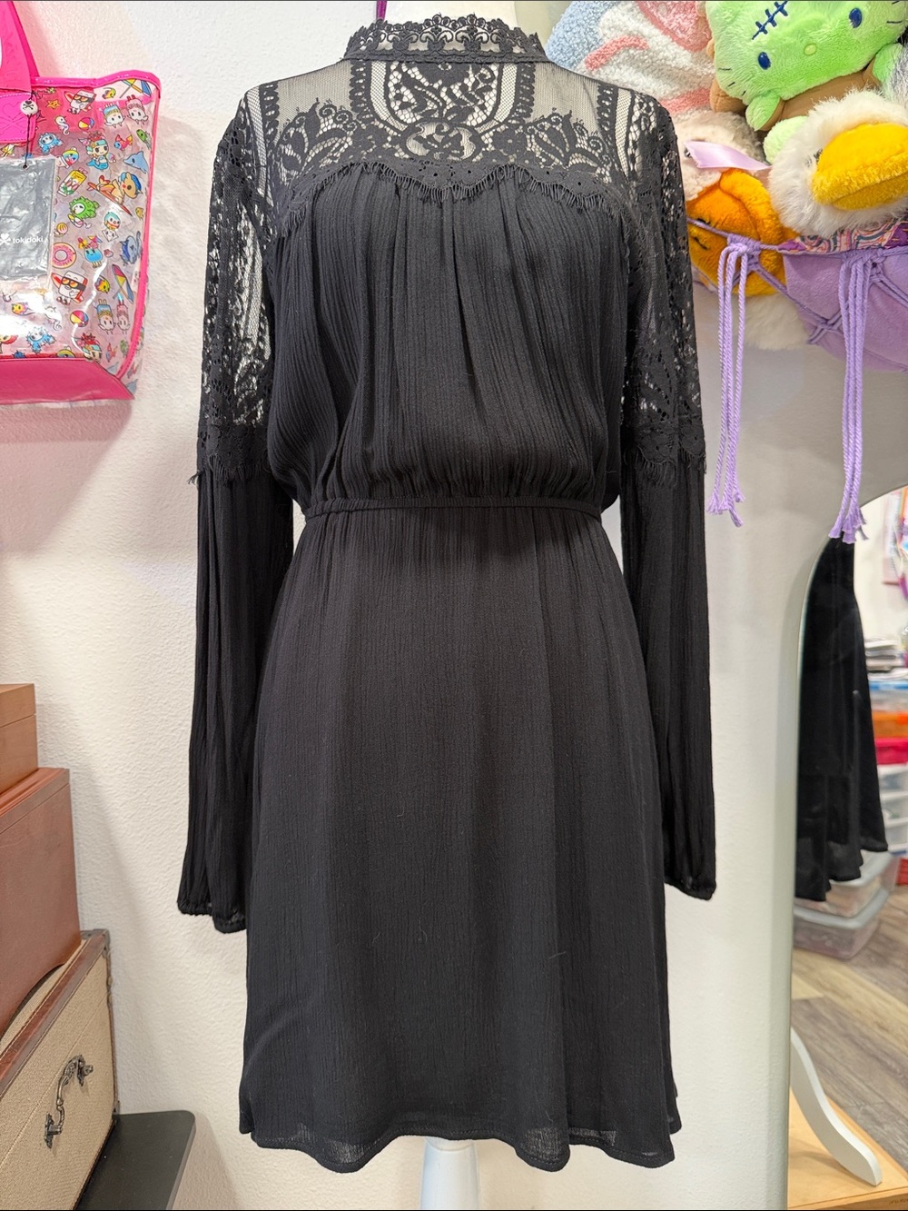 American Rag Black Lace Yoke Long Sleeve Dress